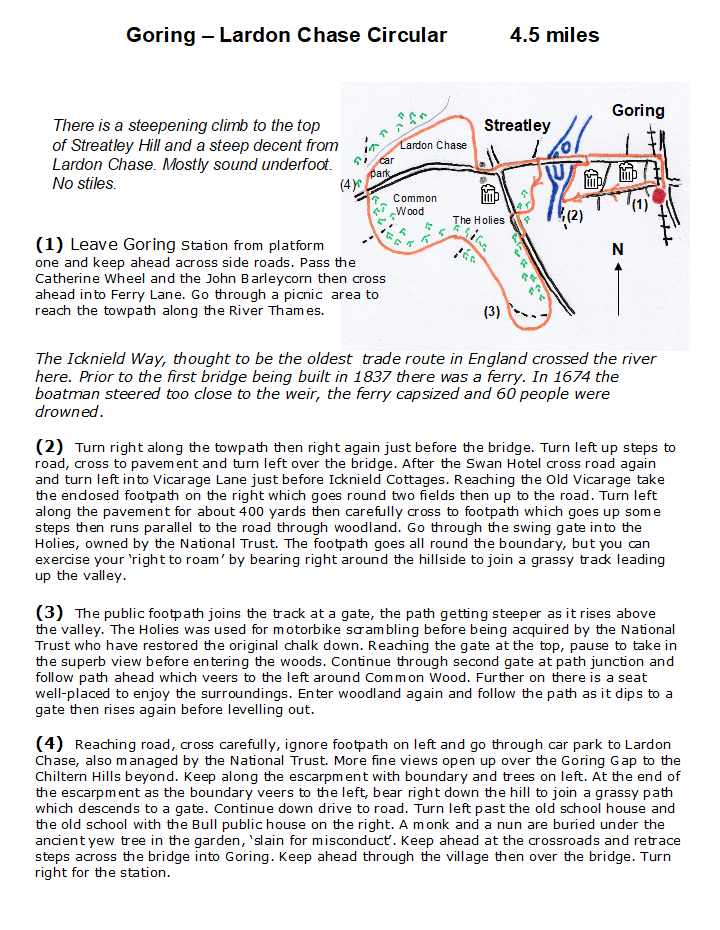 map and instructions for Walk from Railway Station Goring and Lardon Chase Circular