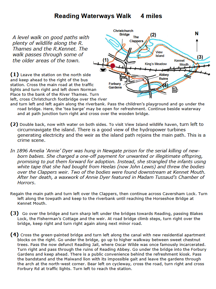 map and instructions for Walk from Railway Station Reading Waterways Circular