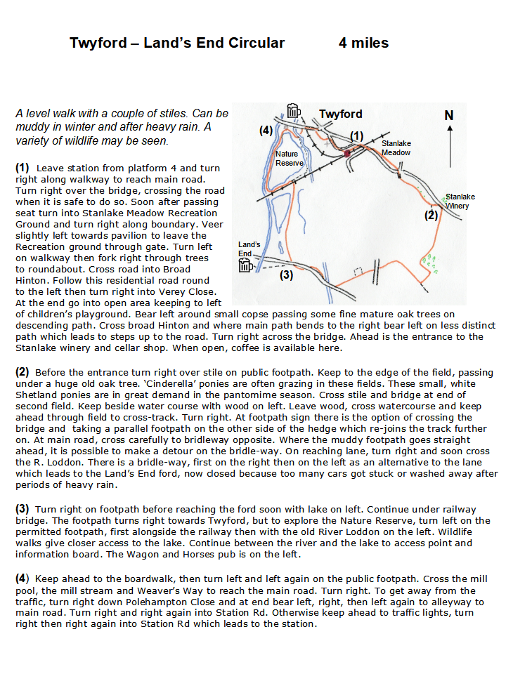 map and instructions for Walk from Railway Station Twyford and Land's End Circular